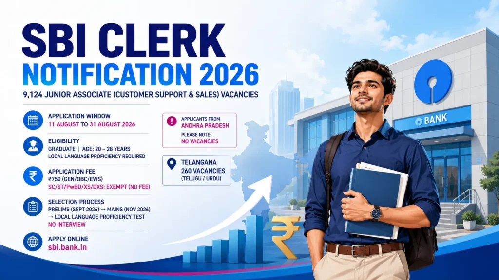 SBI Clerk 2026 notification for 9124 Junior Associate vacancies apply online at sbi.bank.in